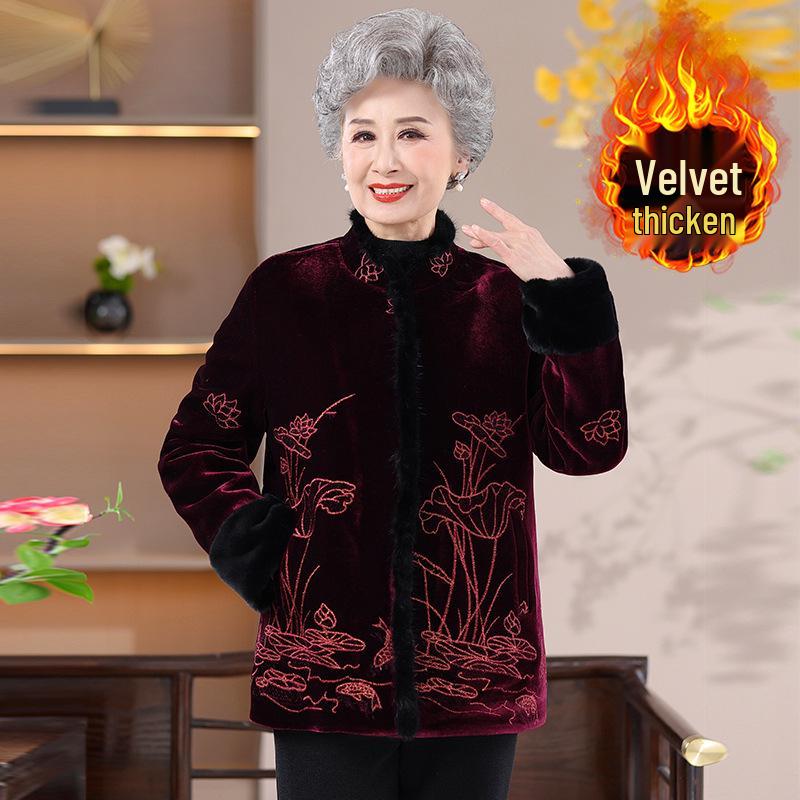 

Golden Velvet Thick Padded Jacket for Elderly Women - Winter Cotton Coat in New Chinese Style 5XL (150-165 kg suggested)