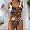 Women Plus Size U Neck Sleeveless Cartoon Mushroom House Print One Piece Swimsuit