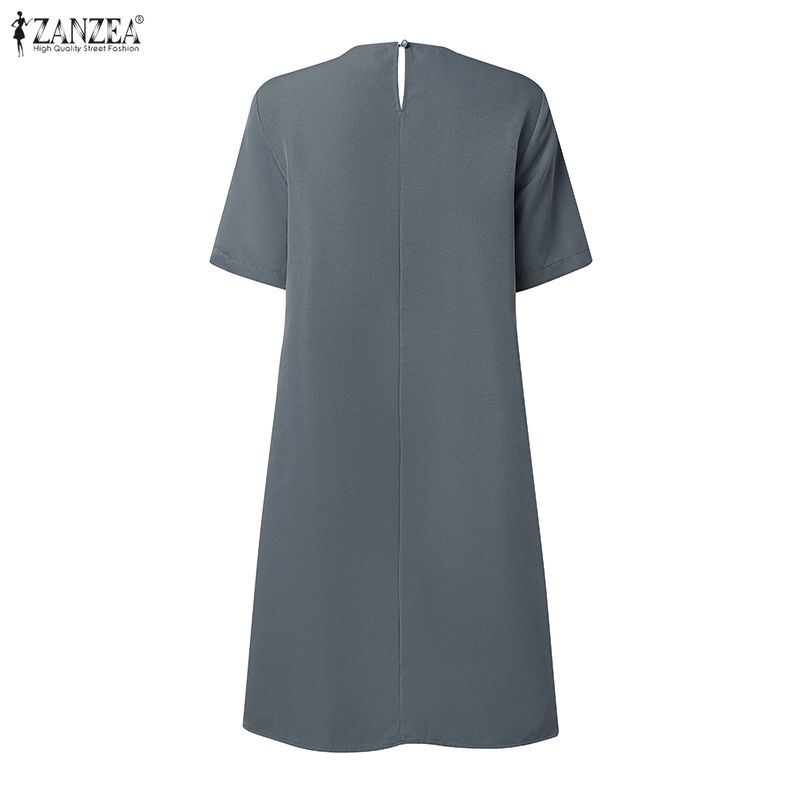 ZANZEA Vestido Casual de Verano para Mujer de Manga Corta y Color Sólido con Cuello Redondo