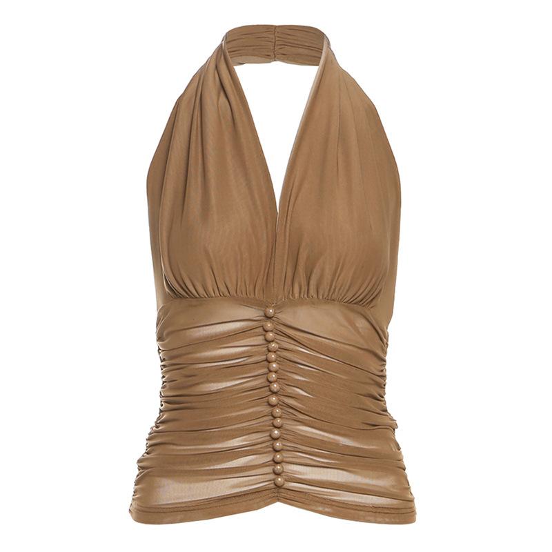 European and American style summer new women's clothing sexy V-neck neck sling vest mesh pleated top women