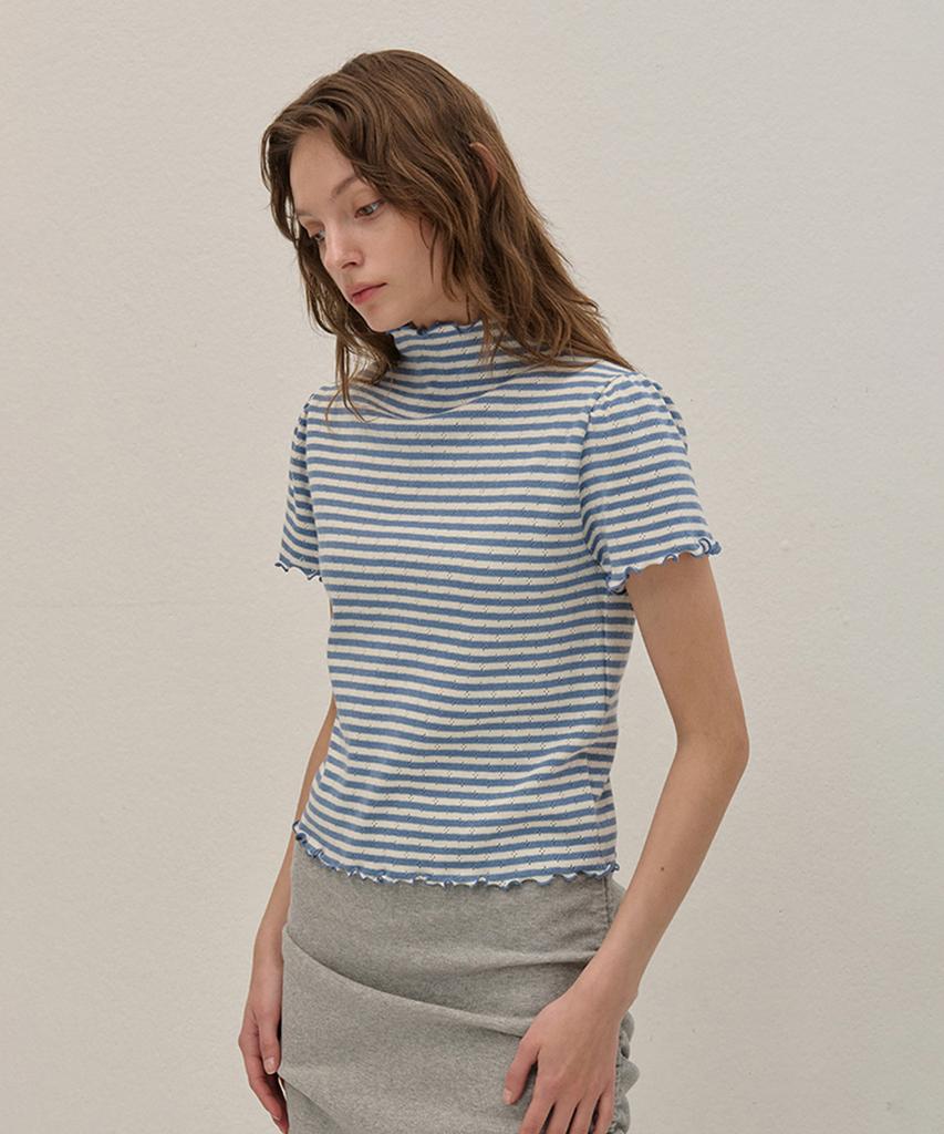 Kamino Striped Half-Neck Shirred Knit Blue