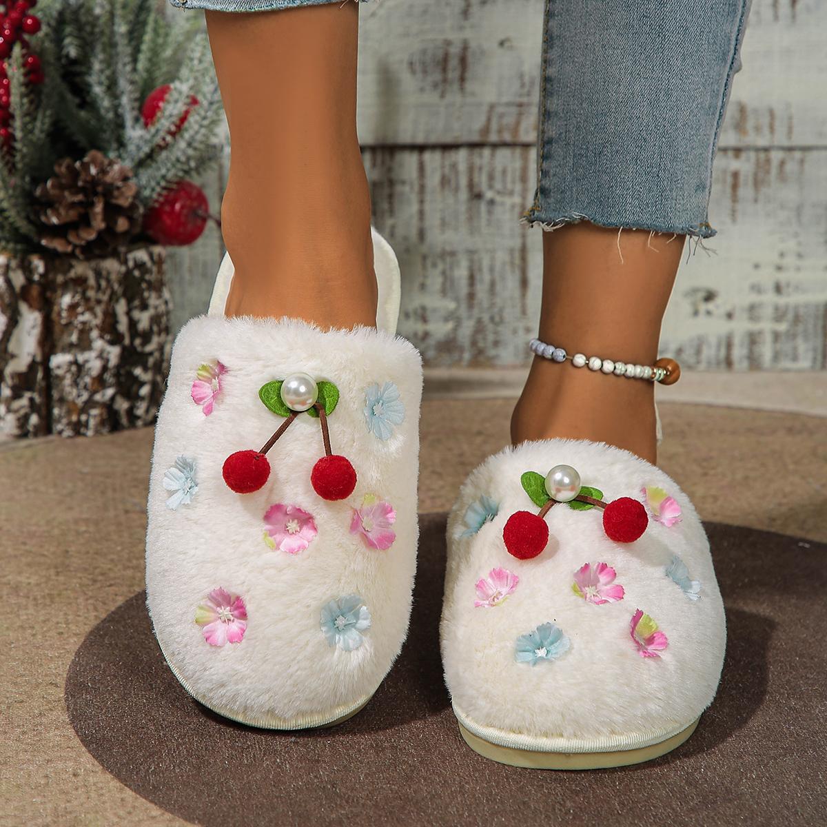 

Модные зимние женские тапочки с круглым носком на плоской подошве для женщин. Закрытые домашние хлопковые туфли. Обувь для дома на платформе с цветочным принтом. Женская обувь. 42-43 белый