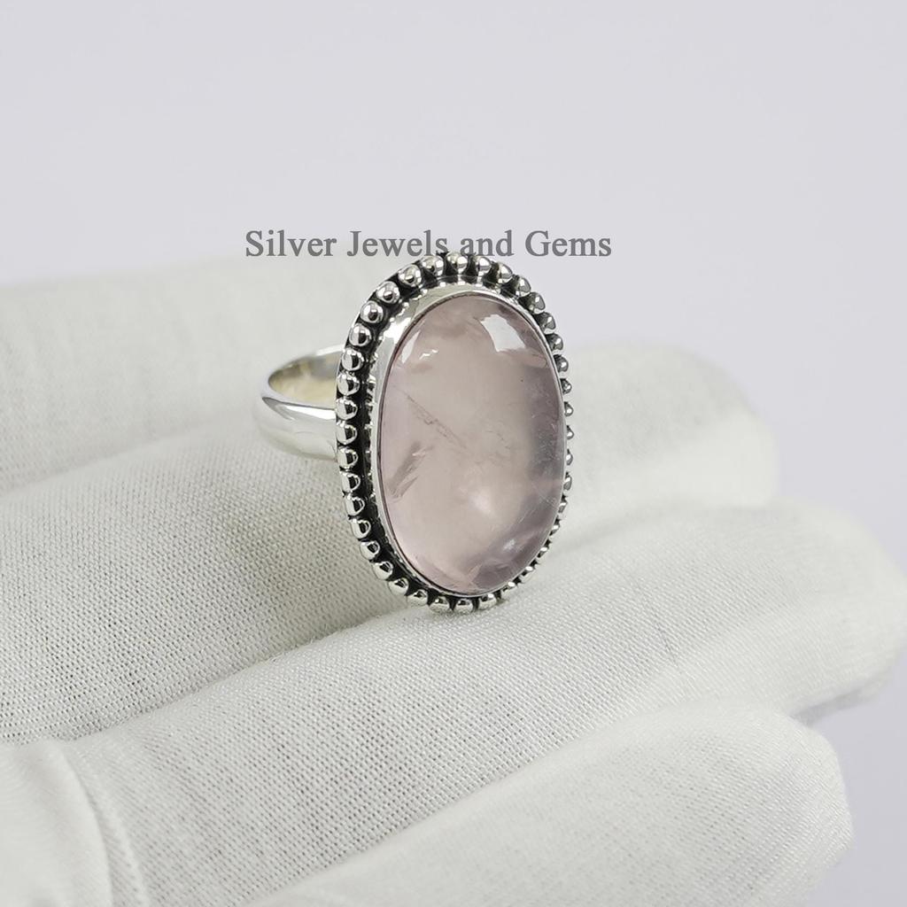 Rose Quartz Ring, 925 Sterling Silver Ring, Oval Ring, Gift for Mom, Capricorn Birthstone, Pink Gemstone Ring, Handmade Boho Ring