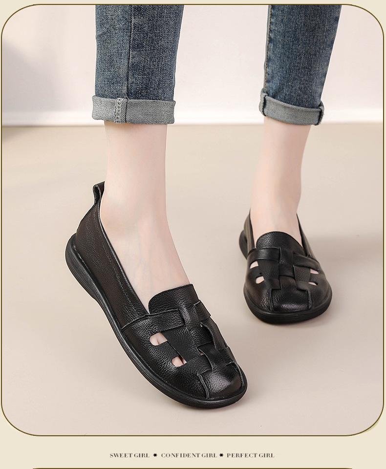 Genuine Leather Women's Summer Casual Comfort Sandals with Soft Soles and Perforated Design for Middle-Aged Moms