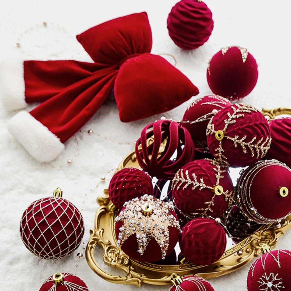 4pcs Sparkling Wine Red Flocking Christmas Balls 6/8cm Christmas Tree Decoration  2024 New Year
