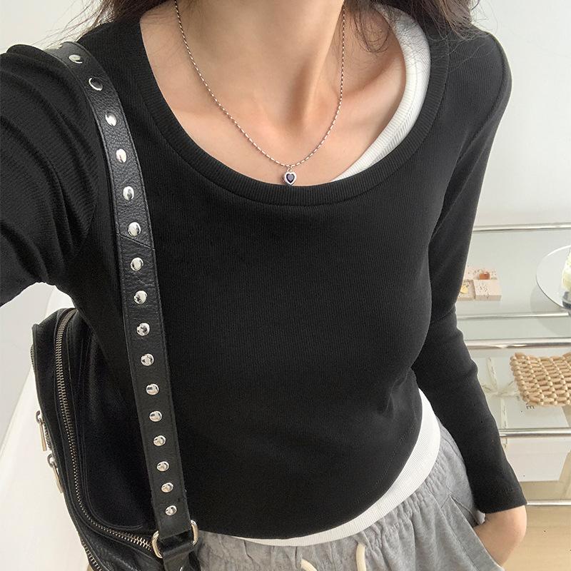 

Контрастная двухслойная футболка с длинными рукавами для женщин, новый дизайн на раннюю осень, нишевая базовая футболка, топ с круглым вырезом и открытой ключицей XL