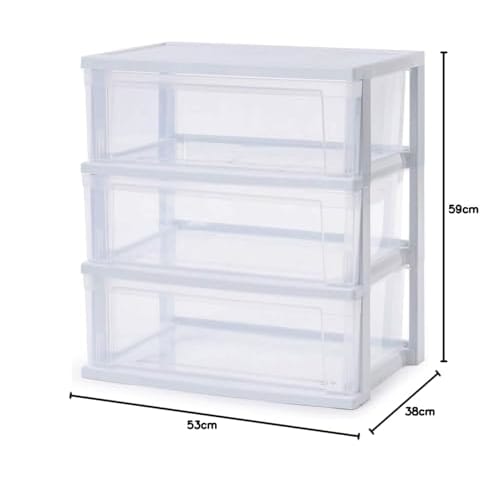 Iris Ohyama NSW-543 (New Model) Wide 3-Drawer Chest, Made in Japan, Easy Assembly, 21.6" W x 14.2" D x 22.2" H, White/Clear, Plastic Top