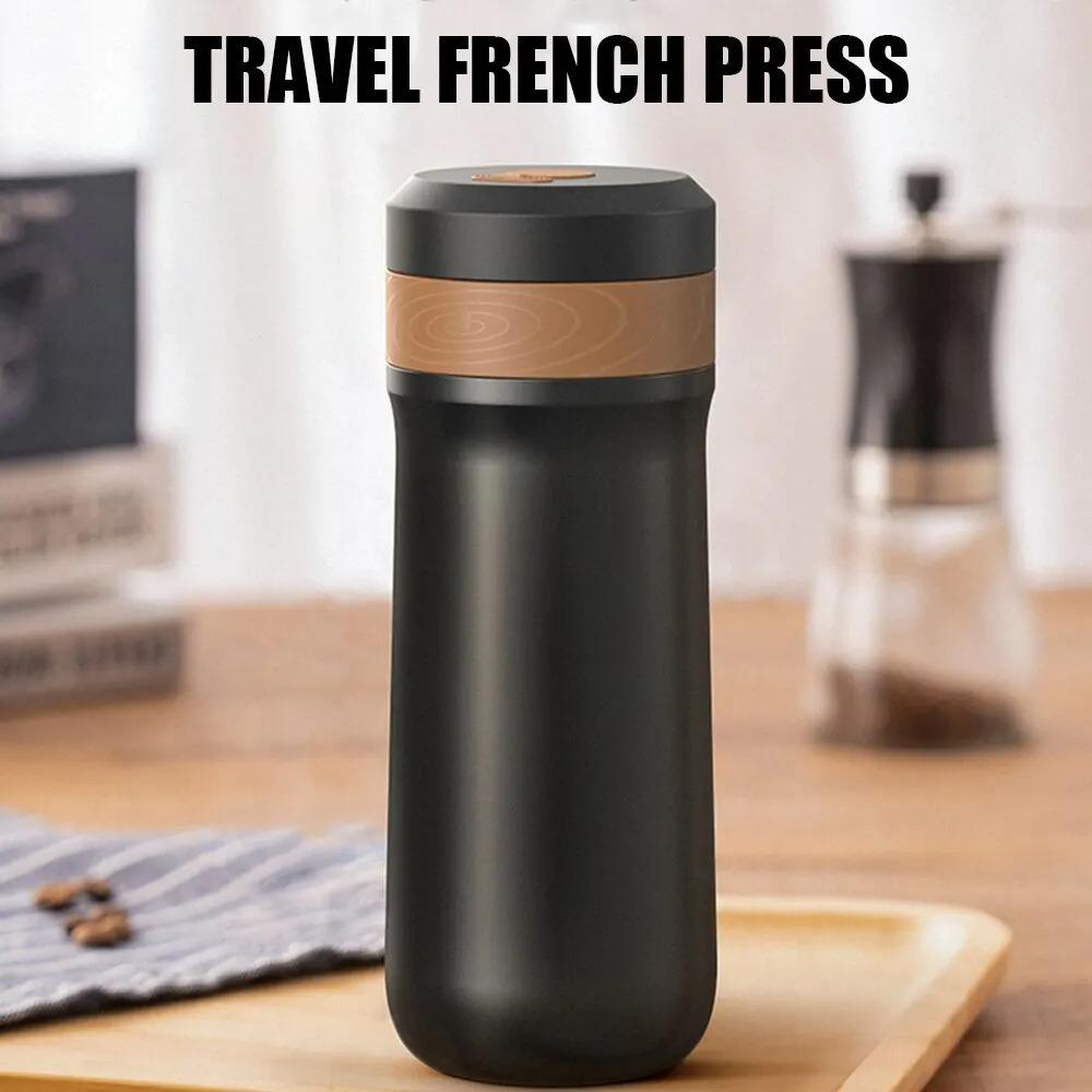Portable French Press Coffee Mug 304 Stainless Steel 320ml Travel Thermos With Double Filter 8H Hot 12H Cold