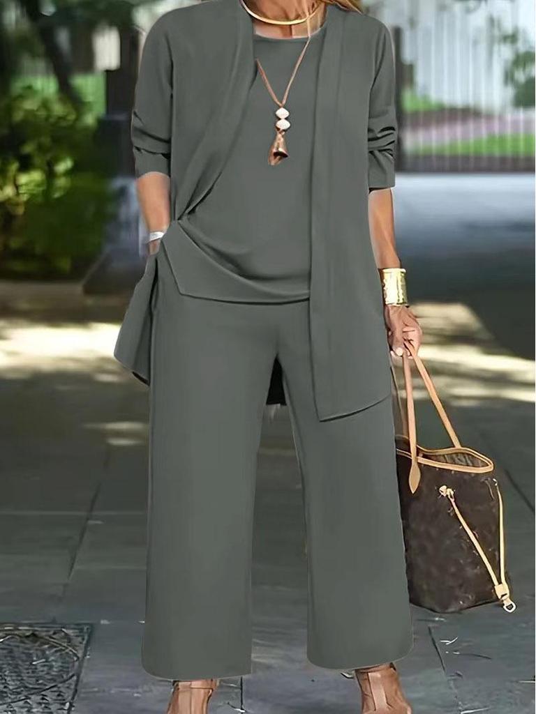 European-American Casual Autumn/Winter Solid Color Three-Piece Set: Long Pants, Long-Sleeved Cardigan, and Vest for Women