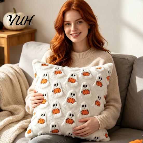 Soft Short Plush Fabric Halloween Ghost Cushion Cover, Throw Pillow Case, 18x18 Inches Pumpkin Holiday Gift for Home Bat Cover Sofa Couch Bed