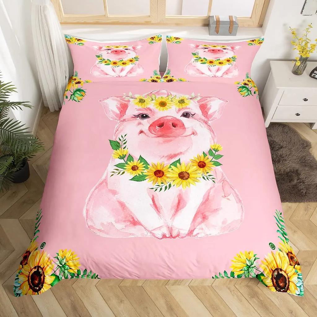 Cute Pig Duvet Cover Set For GirlsSunflowers Florals Comforter Cover Pink Grid Lattice Plaid Bedding Sets Quilt Cover Full Size