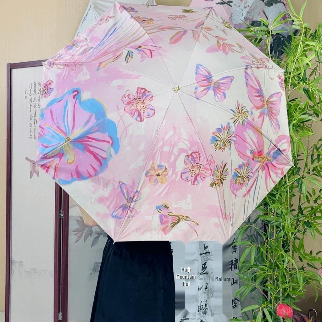 Ultra-Cool Black Double-Layer Sun Protection Umbrella for Women - Foldable & Reversible for Sun and Rain