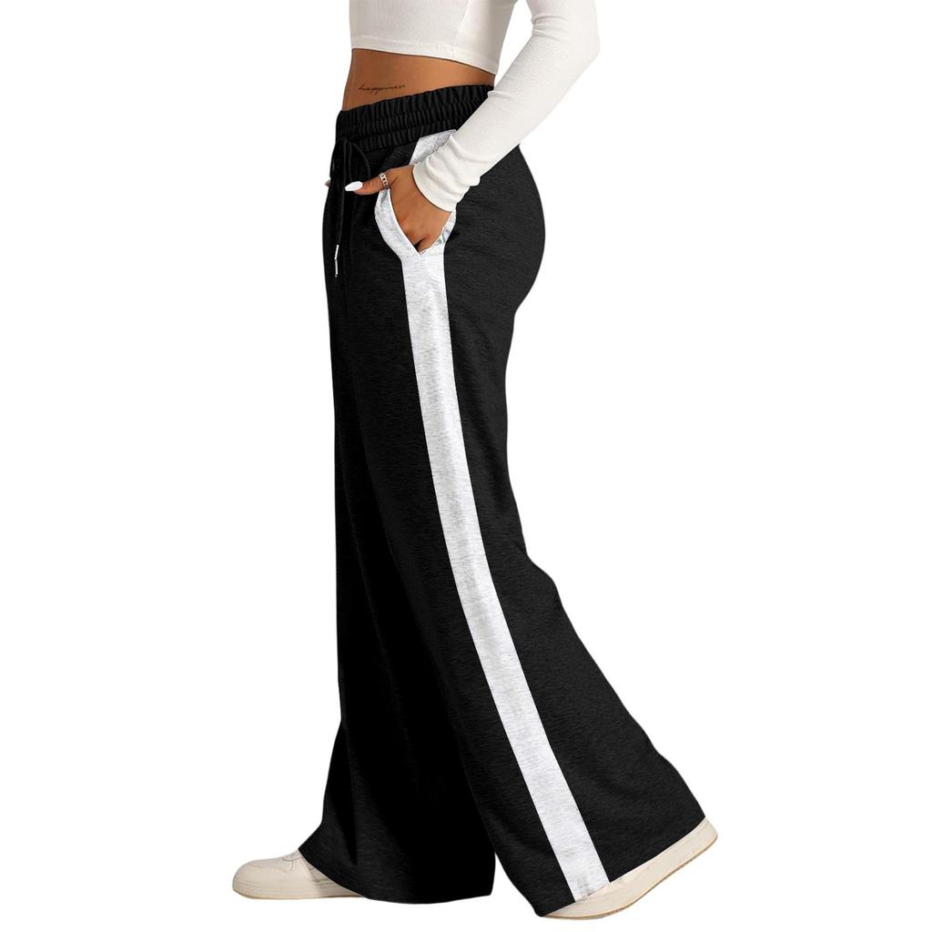 Women's Casual Fashion Solid Color Elastic Waist Drawstring Pockets Wide Leg Straight Pants