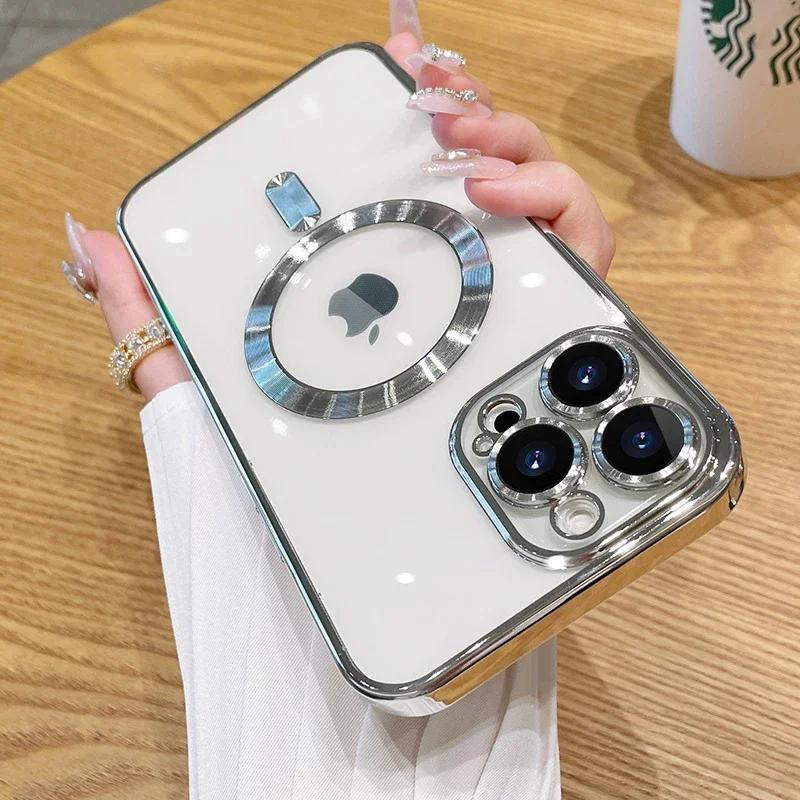 

Magnetic Plating Case For iPhone 16 15 14 13 12 11 Pro Max Plus Camera Lens Protector Glass For Magsafe Wireless Charger Cover For iPhone 13