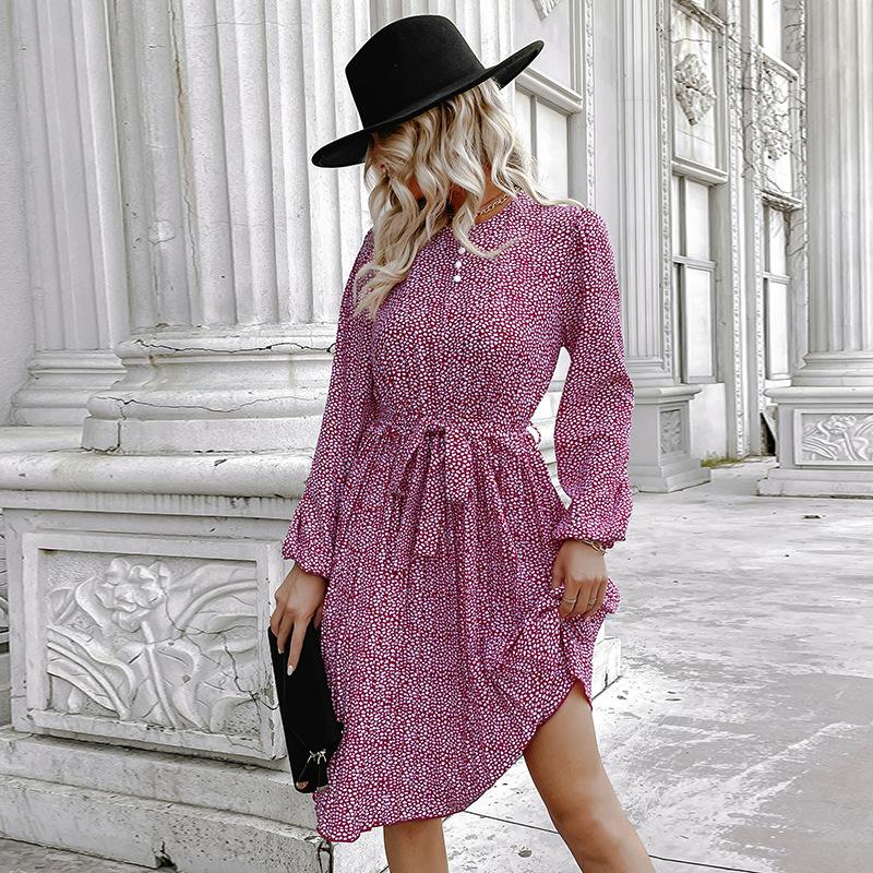 

Европейский универсальный, повседневный, милый, элегантный, на шнуровке круглый вырез, длинные рукава, маленькое цветочное платье, весенний стиль XL