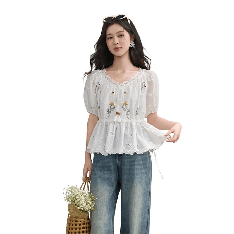 Mishow French Embroidered Puff Sleeve V-Neck Blouse L