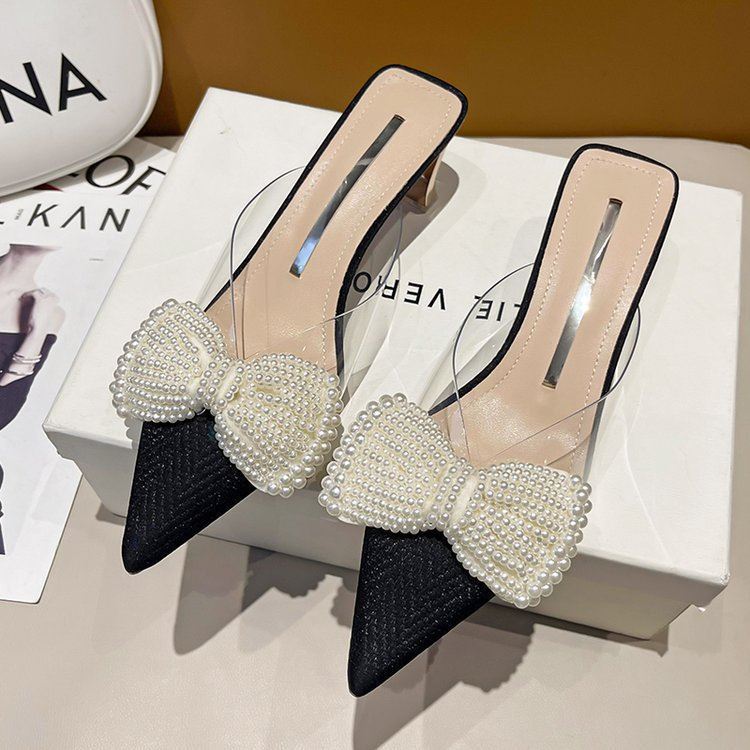 Baotou Half Slippers Women's 2025 New Women's Shoes Summer Bow Pointed Fairy Wind Thick Heel Pointed Cold Slippers