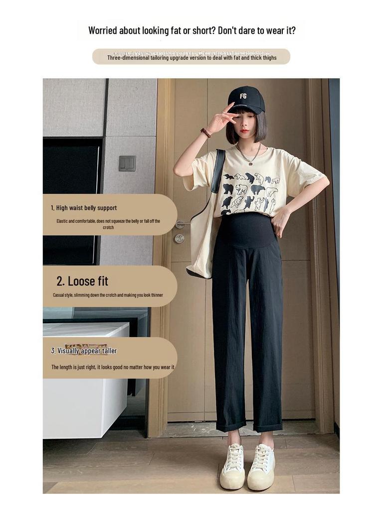 Women's Spring/Summer Maternity Cotton-Linen Stretch Wide-Leg Pants, Loose Fit, Cropped Length