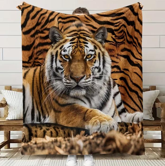 Three White Tiger Pattern Printed Blanket, Warm, Comfortable, and Soft, Suitable for Sofa, Bed, Car, Office, Camping, and Travel