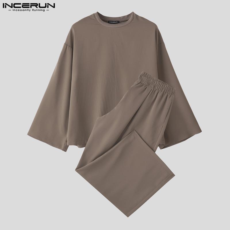 INCERUN Two Piece Suit Men Drop Shoulder Long Sleeve Tops Long Pants Casual Sets