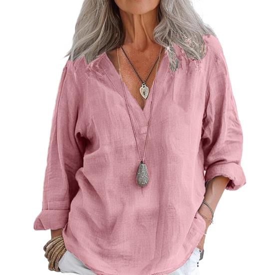Women Shirt V-neck Long Sleeve Solid Color Pullover Tops Loose Fit Casual Tee Shirt Work Office Vacation Daily Wear