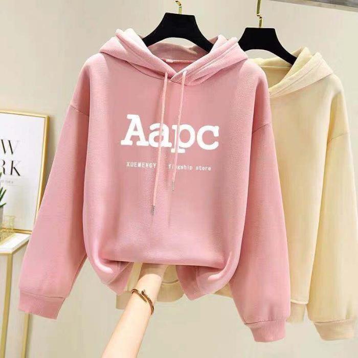 Korean Style Women's Fleece-Lined Hooded Sweatshirt, Plus Size, Loose Fit, Long-Sleeved, for Autumn and Winter.