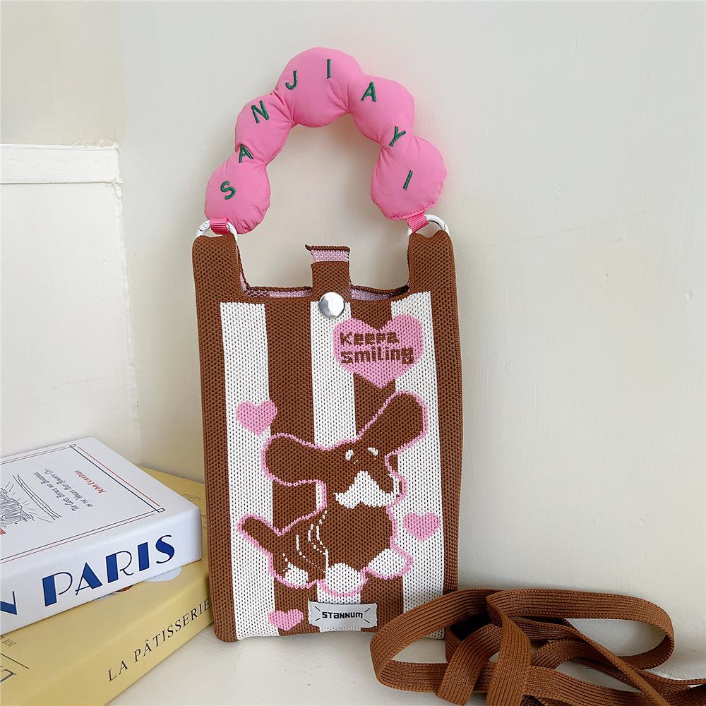 Knitted Mobile Phone Bag For Women In Spring And Autumn Cute Cartoon Versatile One Shoulder Diagonal Cross Bag Travel Coin Purse Small Handbag