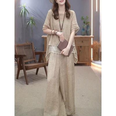 Women's Summer Loos Temperamente Literary Retro Suit Belly Shading Thin Blouse + Casual Trousers Two-piece Set