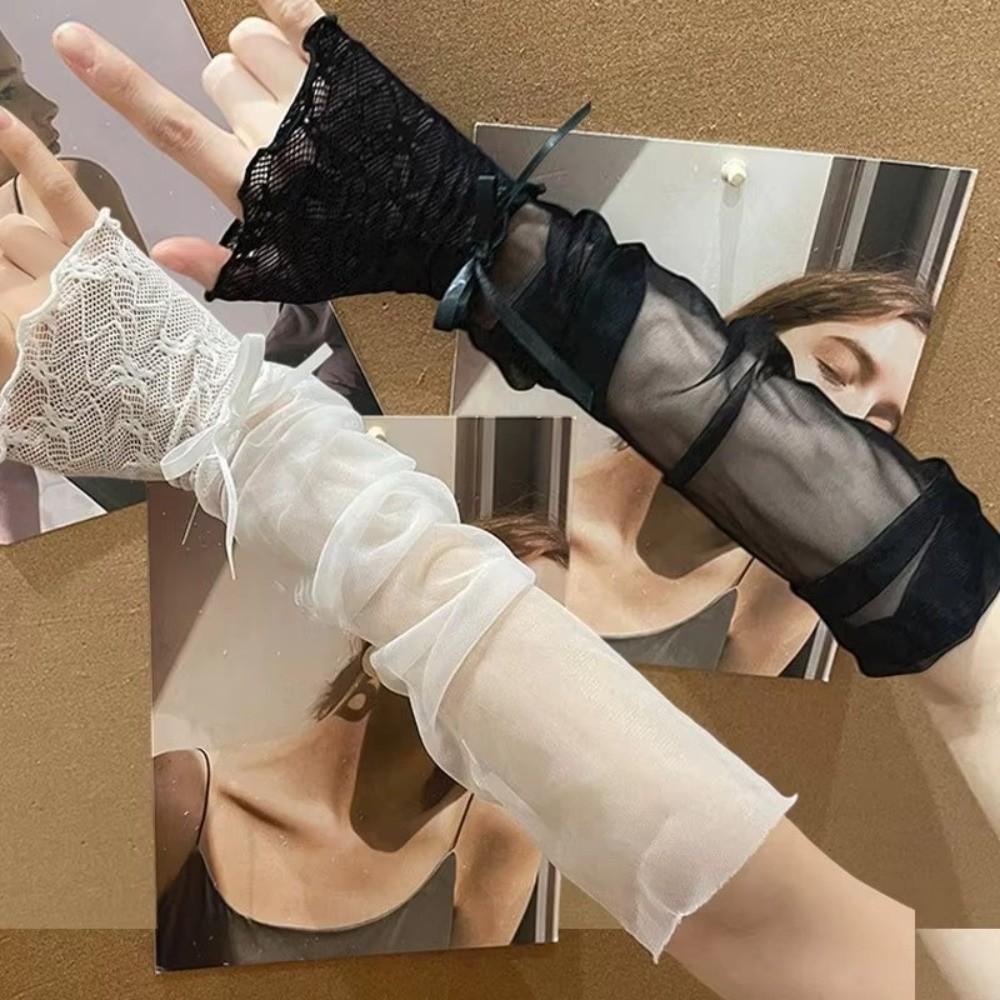 Bowknot Fingerless Gloves Sheer Lolita Gloves Y2K Mesh Gloves