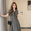 Fashion plaid button-tie polo collar dress temperament women's summer large size loose waist A-word long dress