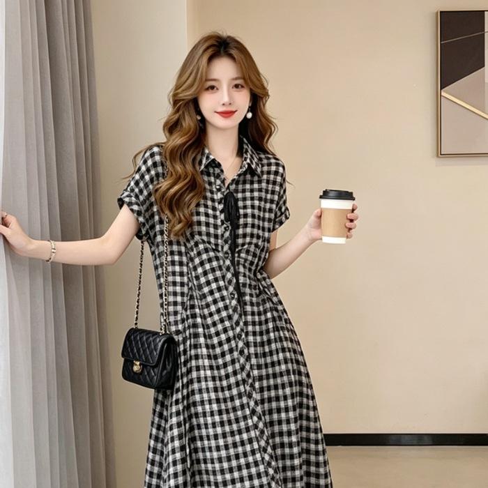 Fashion plaid button-tie polo collar dress temperament women's summer large size loose waist A-word long dress
