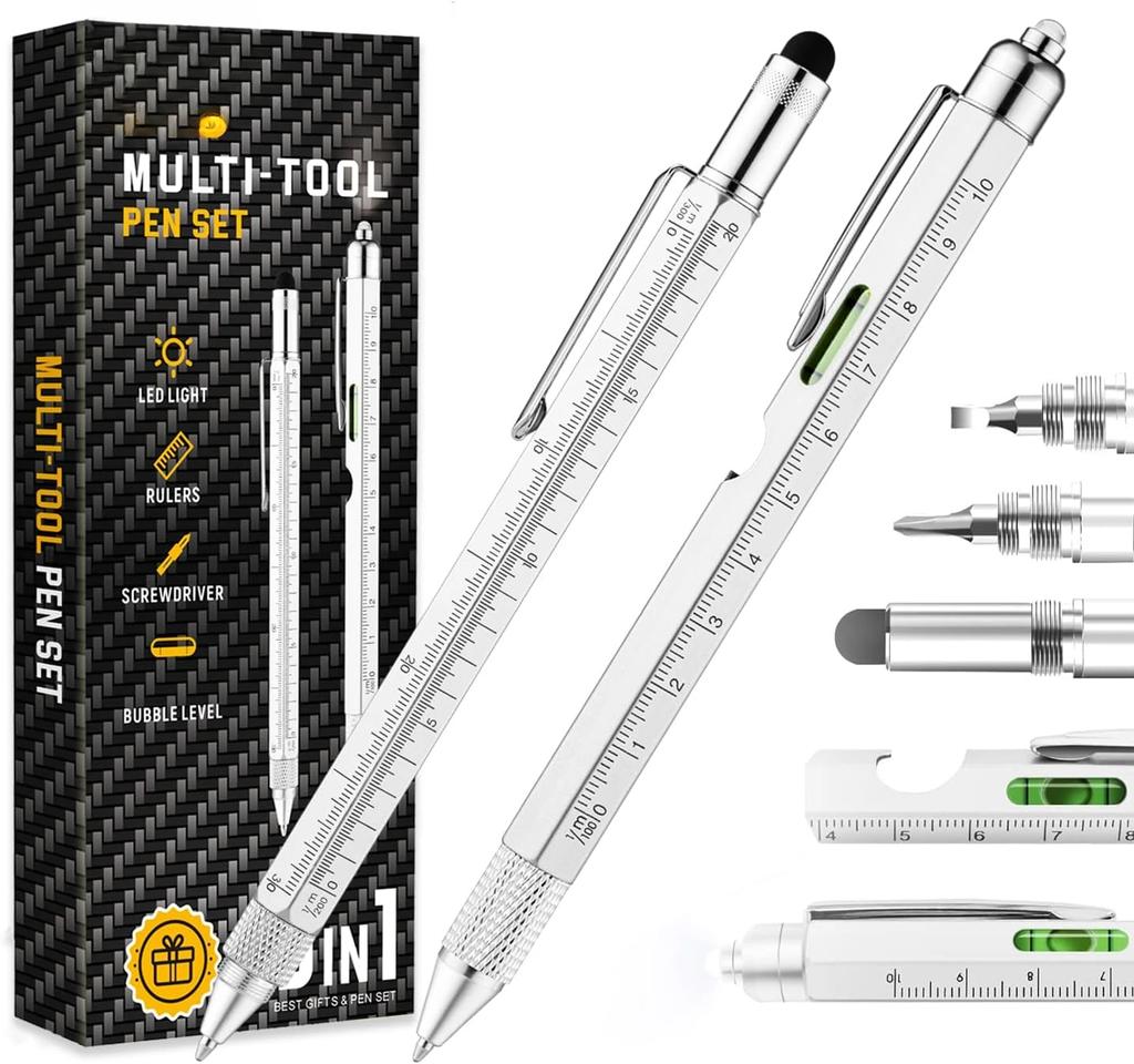 Multifunction Pen (stylus, Ballpoint Pen, 6 Refill, 4 Inch Ruler, Level, Phillips Screwdriver, Led)
