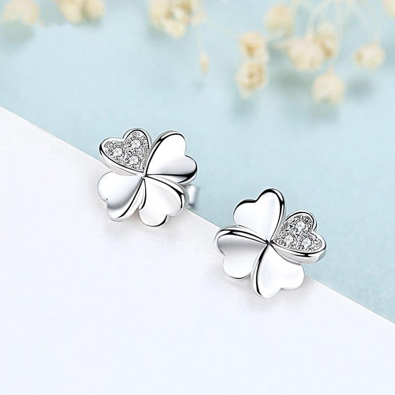 Cercei 925 Sterling Silver Clover Stud Earrings with Zirconia, Hypoallergenic, 9x9mm