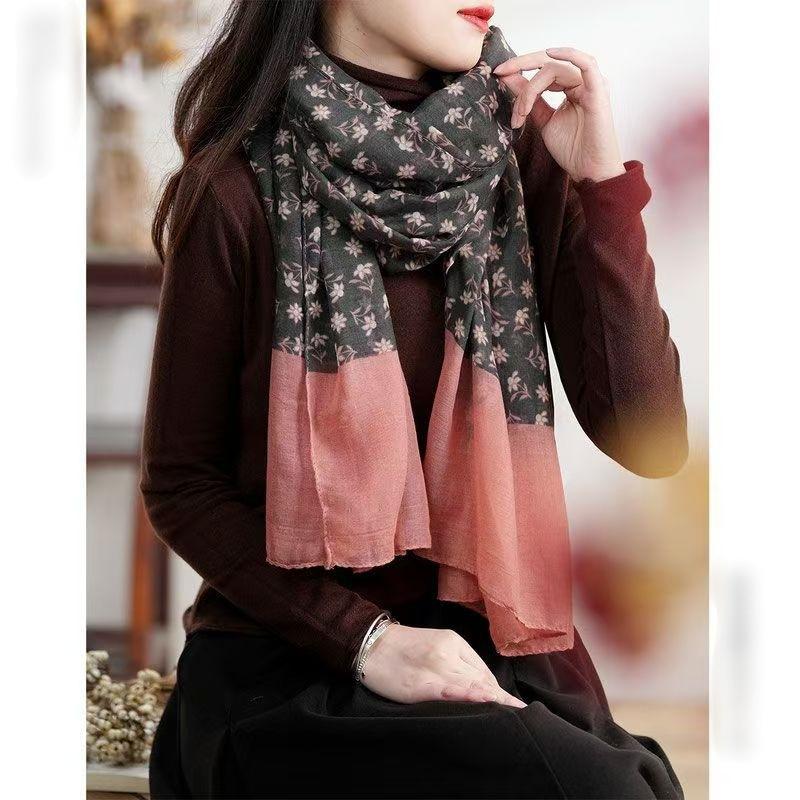 Literary And Simple Splicing Floral Scarf Women'S Autumn Versatile Atmosphere Spring And Autumn Warm Silk Scarf