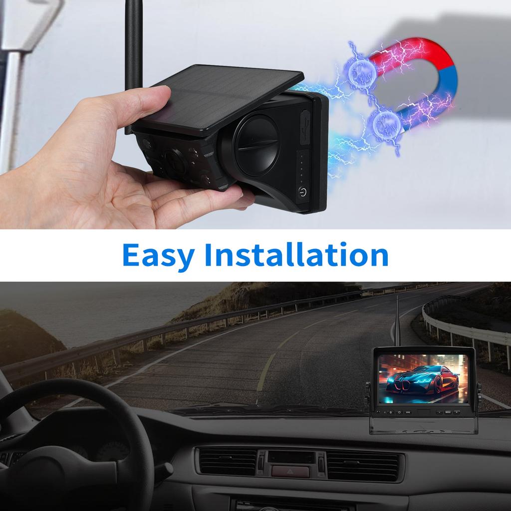 Wireless Backup Camera Solar Magnetic, Portable Cordless Truck Trailer Rear View Camera IR Night Rechargeable 7 Monitor Kit for Car RV