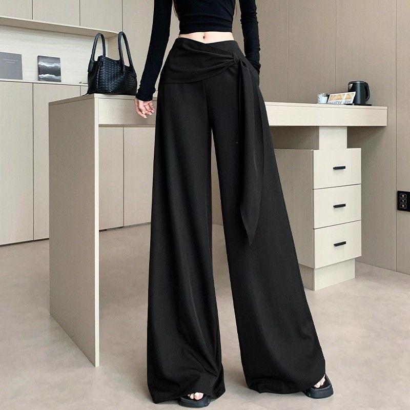 Women's 2026 Spring/Summer High-Waisted Wide-Leg Lace-Up Pants - Slimming, Versatile, Draped, Floor-Length Casual Wear