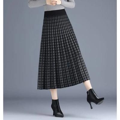 Ethnic Style Houndstooth Knitted Big Swing Skirt Women's Mid-length Autumn and Winter Pleated A-line Woolen Skirt