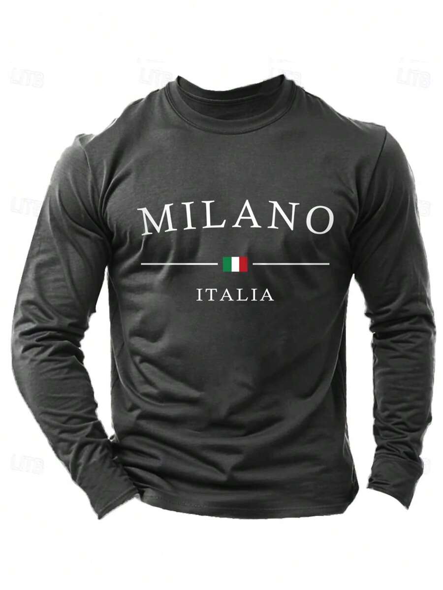 Men s Casual Round Neck Long Sleeve T-Shirt With Slogan Print, Autumn, For Fall S