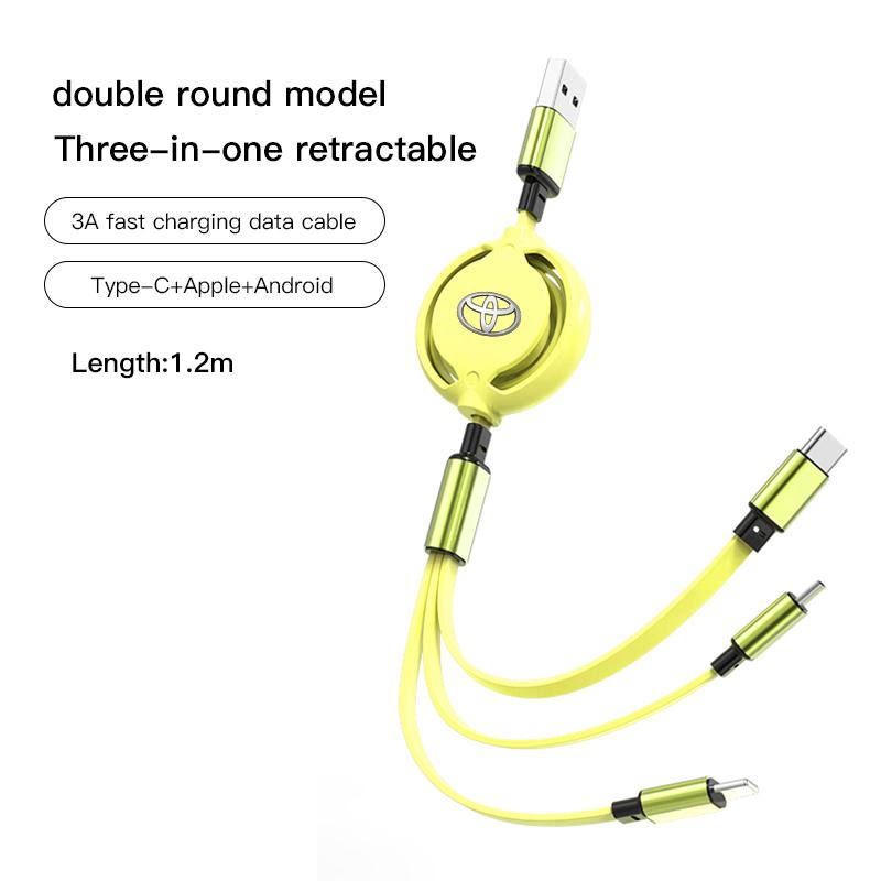 3 In 1 Retractable Mobile Phone Fast Charging Cable For Toyota Corolla Camry Asian Dragon Supra Hilux Land Cruiser GR SPORT TRD