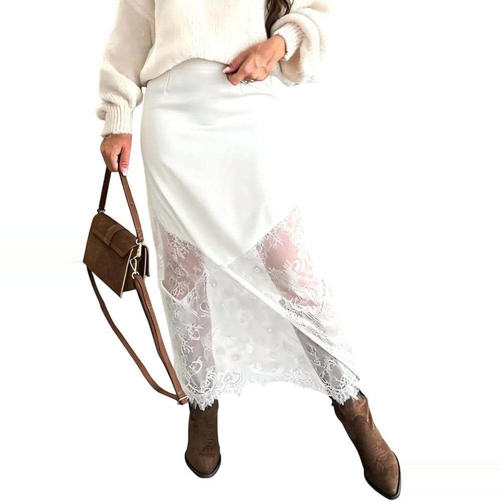 Women High Waist Satin Asymmetrical Maxi Skirt Lace Sheer Patchwork Irregular Hem Elegant Party Long Skirt