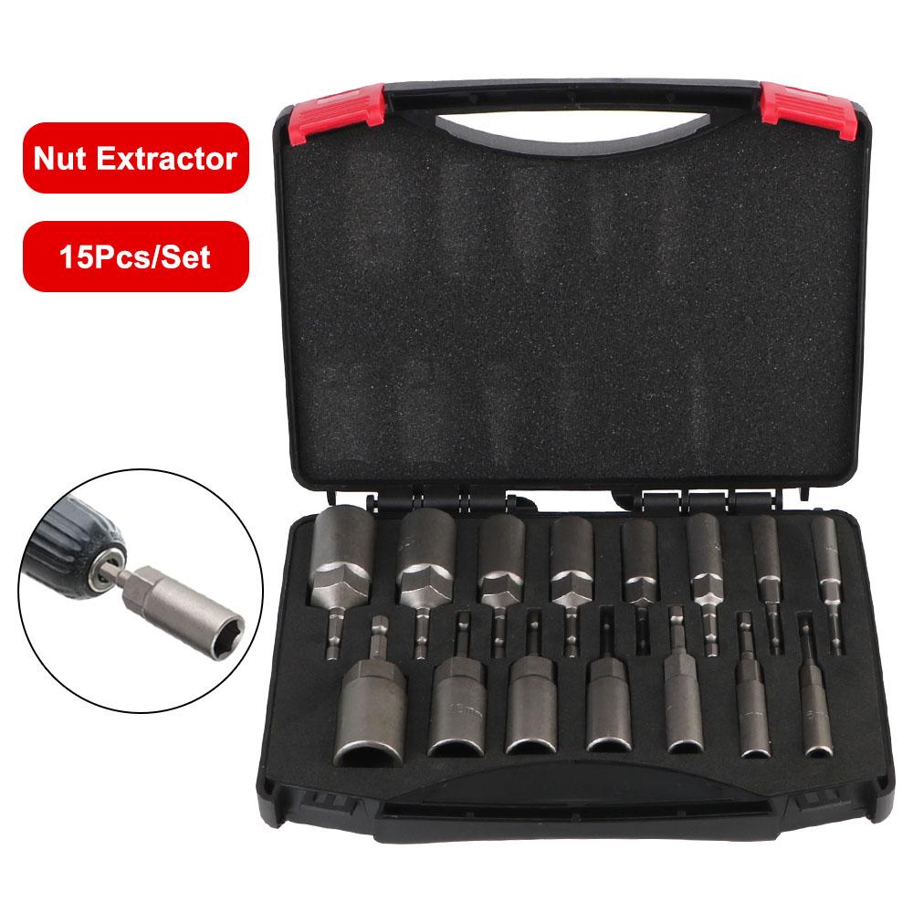 15PCS/Set Car Removal Socket Wrench Bar 5.5-19mm Hexagonal Socket Deepen The Drill Socket Adapter Auto Accessories Garage Tools