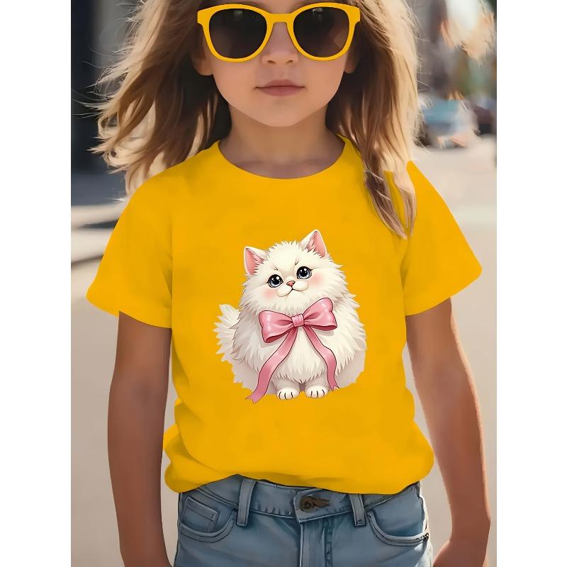 European sizes Girls' Casual Short Sleeve  T-Shirt - Soft Stretchy Round Neck Tee with Adorable White Kitten & Pink Bow Print, Spring Summer