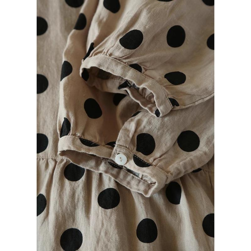 Summer New Literary Loose Cotton and Linen Polka Dot Round Neck Five-quarter Sleeve Dress Women's Medium and Long