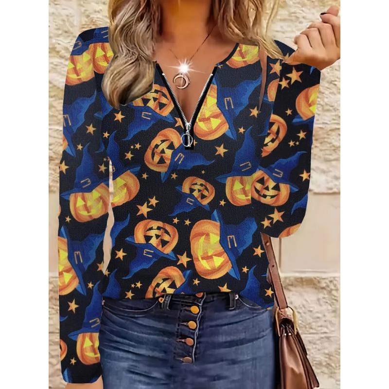 Halloween Pumpkin Monster Pattern Zipper T-shirt, Casual Long-sleeved Top, Suitable for Spring and Autumn, Suitable for Home and Outdoor Wear