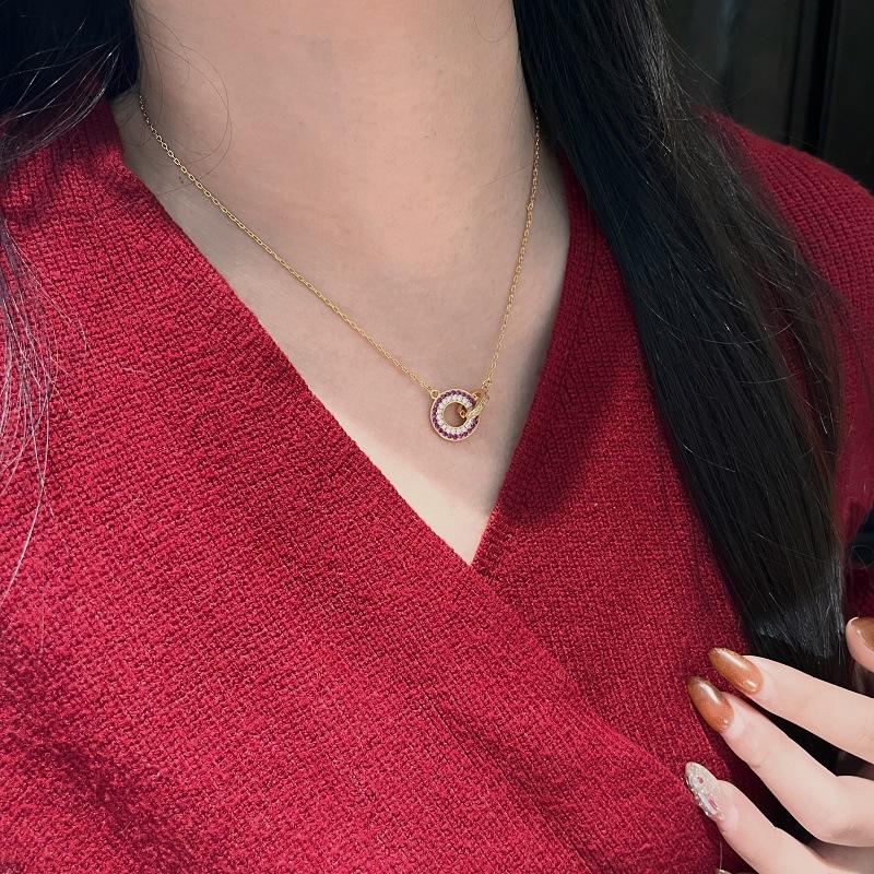 Red Corundum Round Cake Necklace Design Sense Colored Diamond Ring Sweater Chain Push-Pull Adjustable Live Broadcast Supply