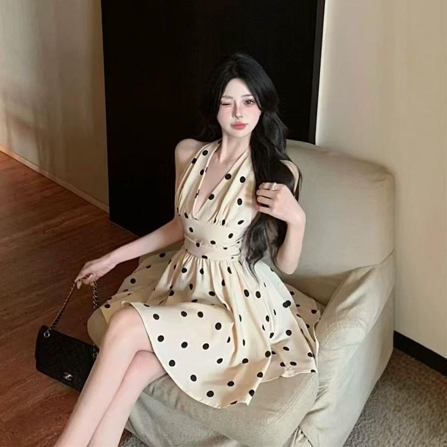 French Retro Style Polka Dot V-neck Bow Neck Dress Women's Summer New Temperament Waist Backless A-word Short Skirt