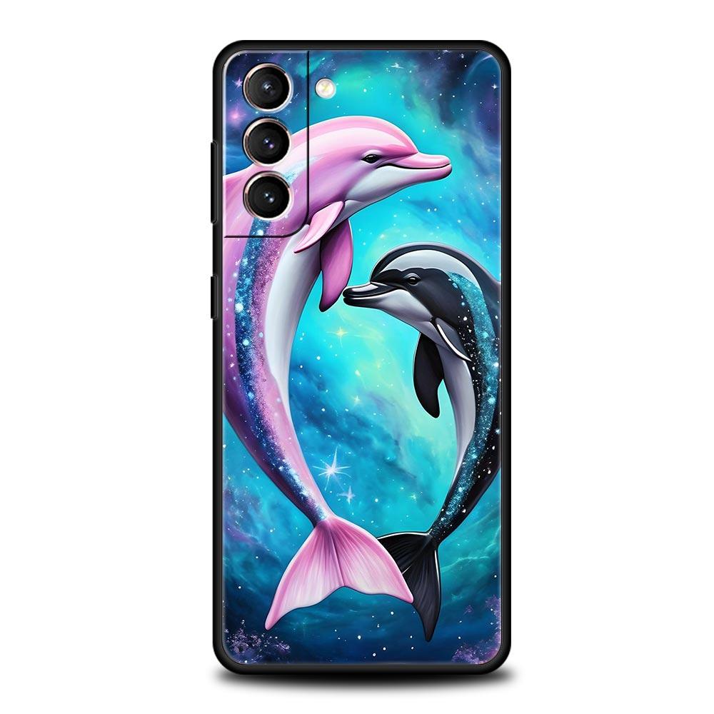 Ocean Animal Cute Dolphin Sea Turtle Phone Case For Samsung Galaxy S26 Ultra S25 Plus S24 FE S23 S22 5G S21 S20 Cover Black Soft