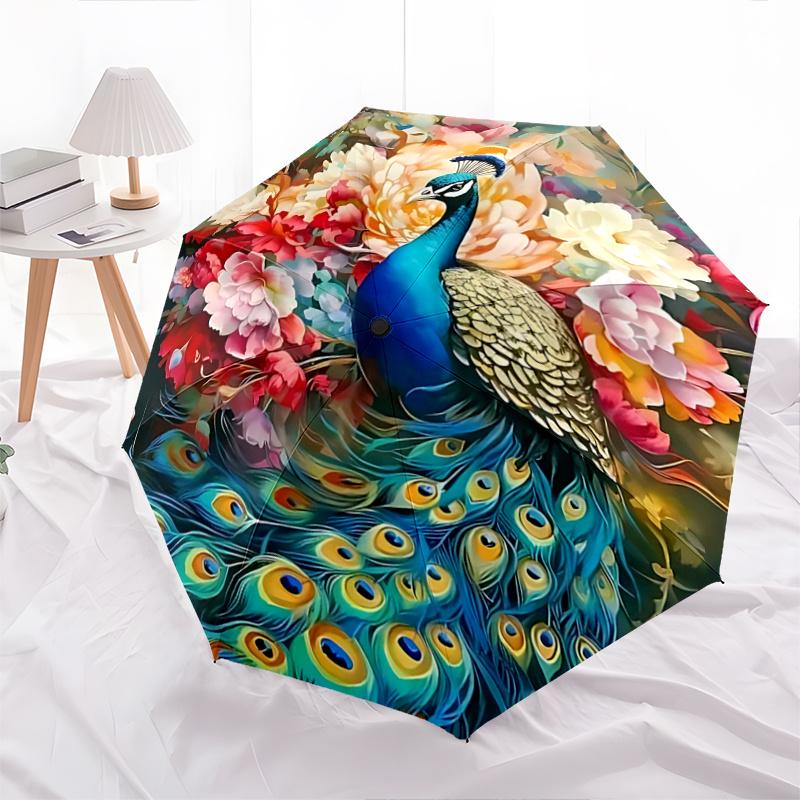1pc Peacock Floral Outdoor Umbrella Automatic Opening/Closing, Foldable Design, 8-Rib Iron Frame, Festival Gift for Fans, Travelers, Daily Use.R0