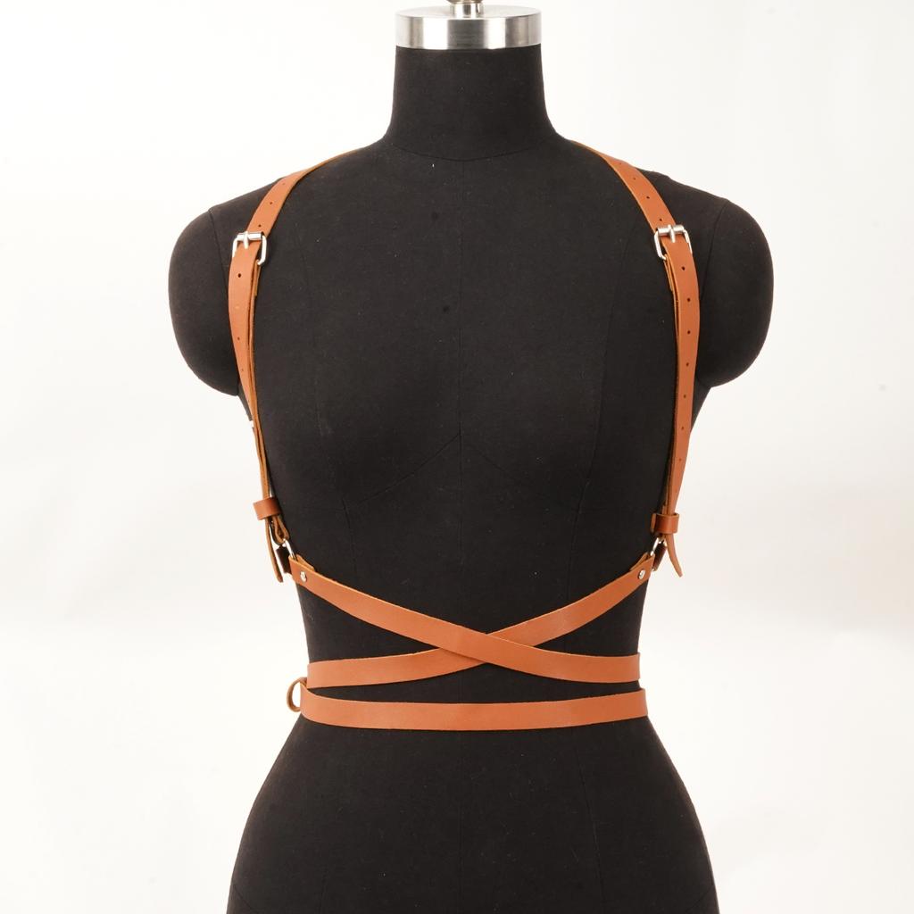 Brown Leather Harness Women Body Chest Strap – Adjustable Fashion Accessories