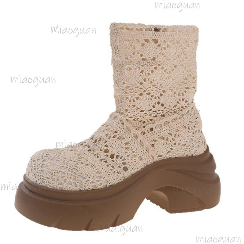 Autumn Platform Thick Bottom Woman Ankle Boot Hollow Out Breathable Shoes Ladies Elegant Lace Mordern Sandalias Booties